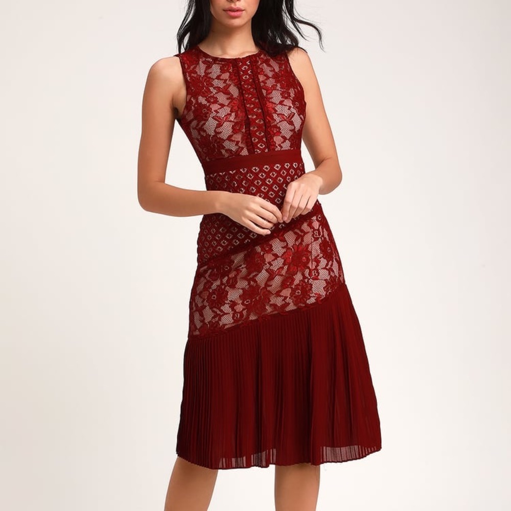 Lulu’s BURGUNDY LACE SLEEVELESS MIDI DRESS